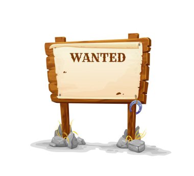 Ahşap tabela, Western Aranıyor panosu. İzole edilmiş ahşap pankart, parşömen üzerinde Vahşi Batı anonsu. At nalı ile direkler üzerinde reklam panosu. Kovboy oyunu için Ui elementi canlı ya da ölü suçlu araması