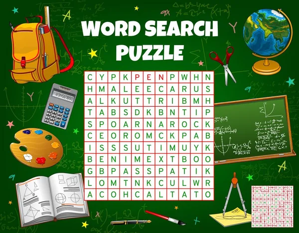 School Stationery Word Search Puzzle Game Worksheet Kids Quiz Vector — Image vectorielle