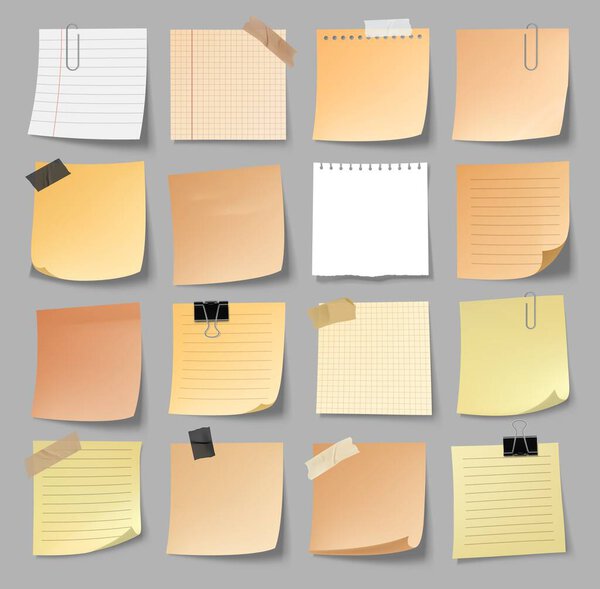 Note paper sheets, stickers, office reminder, memo notes with adhesive tape. Vector notepad and memory sticky notice, to do list or message blanks. Notepaper information board with appointment pages