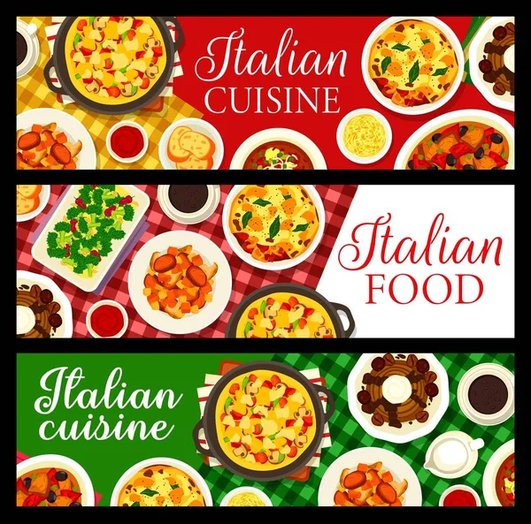 Italian Cuisine Restaurant Banners Meat Stew Wine Sauce Soup Acquacotta — Stock Vector