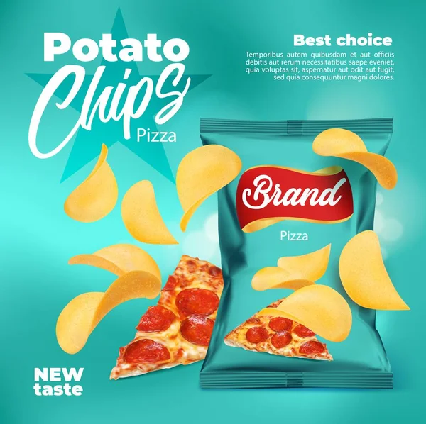 Realistic Pizza Flavored Potato Chips Snack Food Package Vector Poster — 스톡 벡터