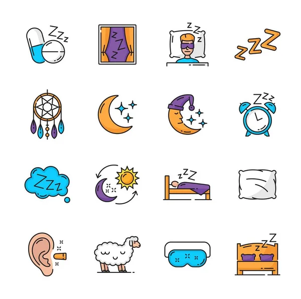 Color Sleep Icons Isolated Vector Outline Signs Dormitive Pills Window — Image vectorielle