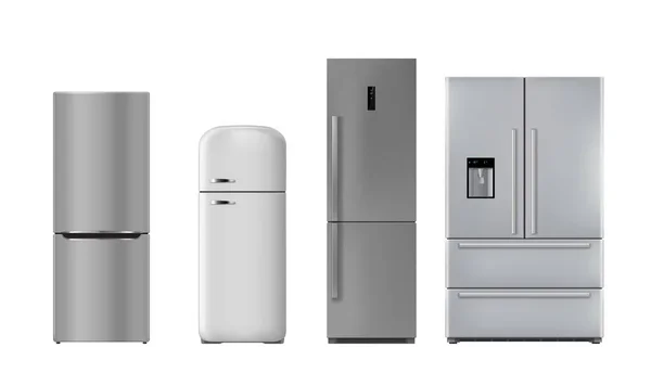 Realistic Kitchen Refrigerator Isolated Vector Fridge Machines Freezers Modern Retro — Διανυσματικό Αρχείο