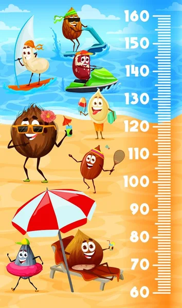 Kids height chart. Funny nuts characters on summer beach. Height measure ruler or kids growth vector scale wall poster or kids height chart with cashew, brazil nut and coconut, almond, sunflower seed