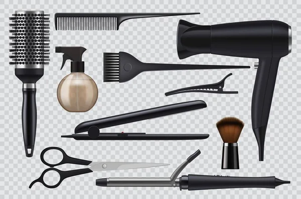Realistic Hairdresser Tools Barbershop Salon Items Vector Professional Hairstyle Accessories —  Vetores de Stock