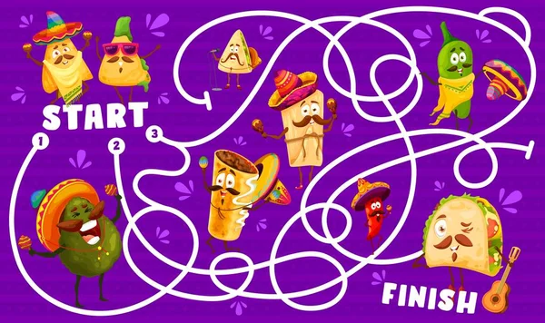 Cartoon Mexican Food Characters Labyrinth Maze Riddle Cartoon Vector Kids — Διανυσματικό Αρχείο