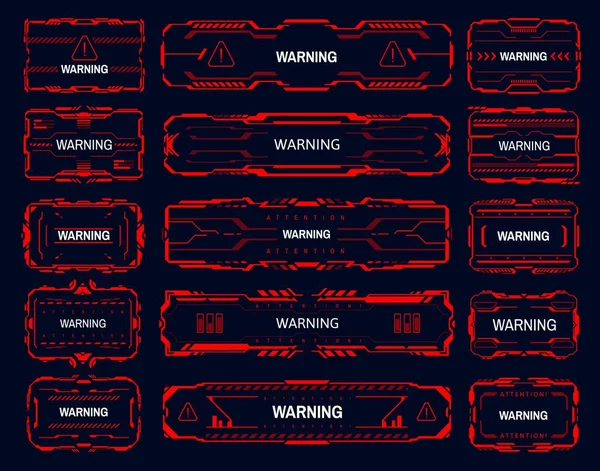 警告和危险区域红色框架 Hud接口危险警告向量帧 游戏Sci Fi警告呼叫标题 Gui安全系统消息 接口报警红色面板设置 — 图库矢量图片