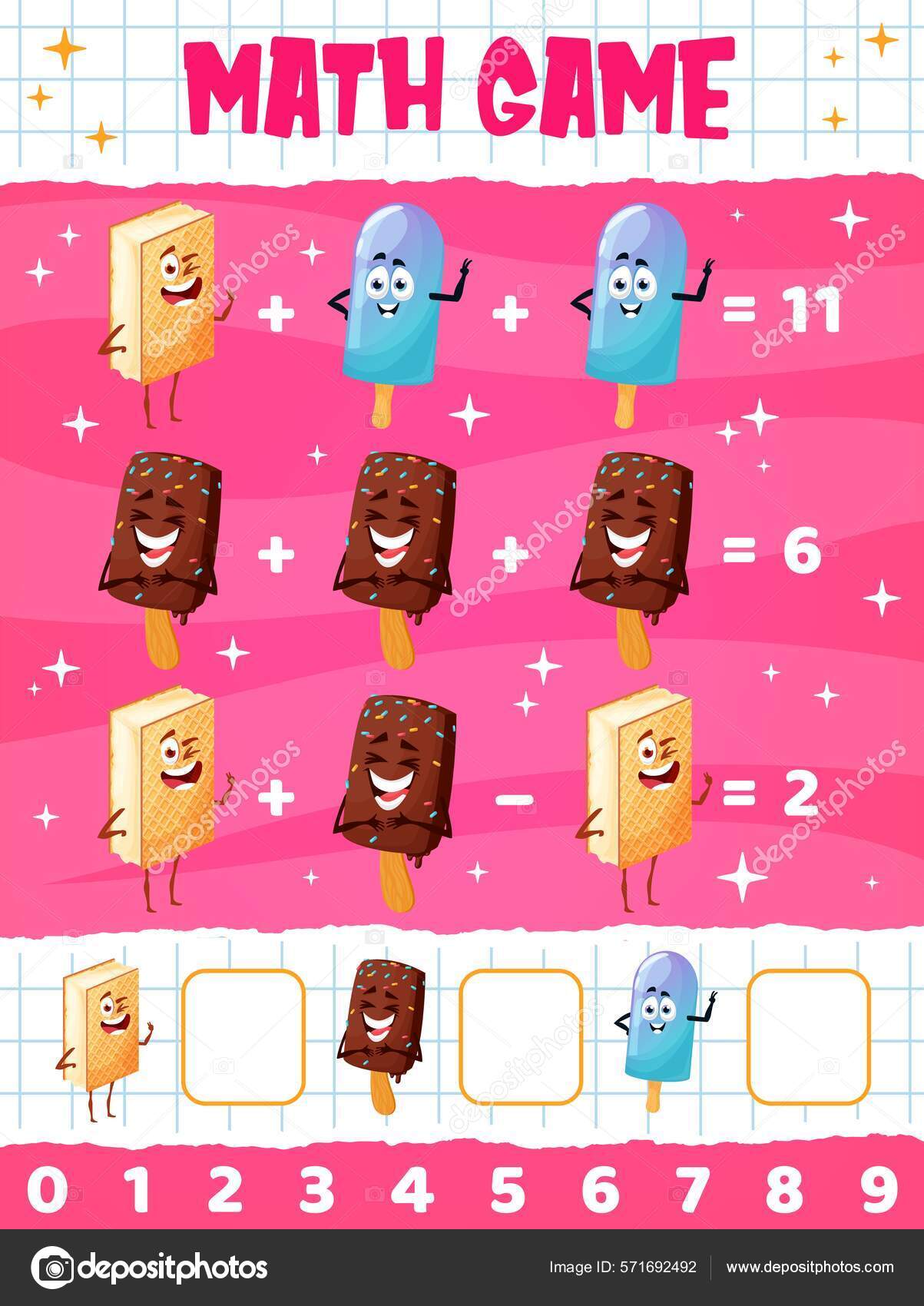 Adição com sorvete dos desenhos animados. jogo de matemática