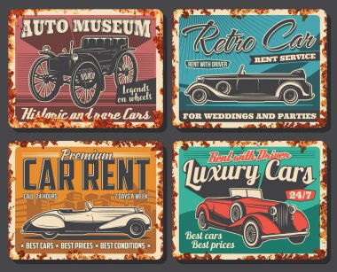 Rusty metal plate with rare retro cars vector. Old antique vehicles, vintage convertible limousine, coupe cabriolet and sedan. Retro vehicles museum, car rental service showroom clipart