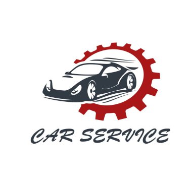 Spor araba servisi ikonu, motor tamiri ve oto tamirhanesi, vektör sembolü. Spor arabalar ve yarış vitesleri otomotiv bakımı veya akort ve onarım istasyonu, yarış arabası motor atölyesi ikonu