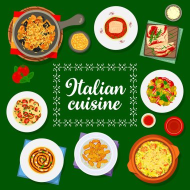 İtalyan mutfağı menü örtüsü, İtalyan yemekleri ve geleneksel yemekler, vektör. Peynirli İtalyan mutfağı makarnası, Sicilya restoranı yemekleri ve Akdeniz Avrupa mutfağı otantik yemekleri.