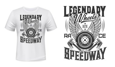 Kanatlı lastik ve piston tişört vektör baskı şablonu. Lastik ve motor pistonlarıyla çapraz melek kanatları.