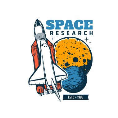 Uzay gemisi ikonu vektör uzay mekiği, Ay ve Dünya gezegenleri, yıldızlar ve asteroitler. Galaksi evren araştırması ya da uzay macerası izole edilmiş sembol, taşıyıcı roket ya da kozmos nesneleri ile fırlatma aracı