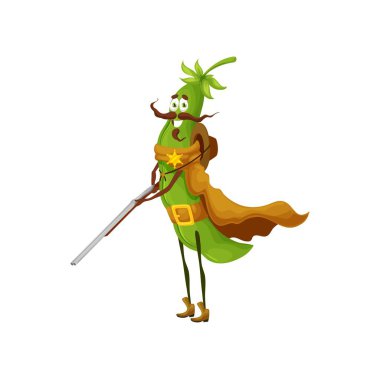 Çizgi film yeşil bezelye şerifi karakteri, vektör fasulye kabuğu kovboyu ya da tüfekli korucu. Vahşi Batı sebzeleri pelerin, şapka ve botlarda yıldız rozeti takar. Komik silahlı Teksas polisi ya da defans oyuncusu