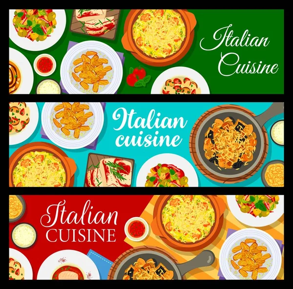 Cocina Italiana Menú Pancartas Vectores Italia Restaurante Pasta Ensaladas Café — Vector de stock