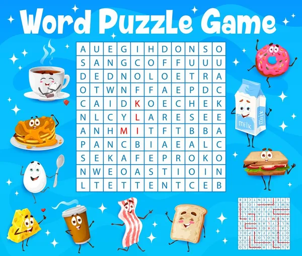 Cartoon Colazione Personaggi Parola Ricerca Puzzle Foglio Lavoro Griglia Quiz — Vettoriale Stock