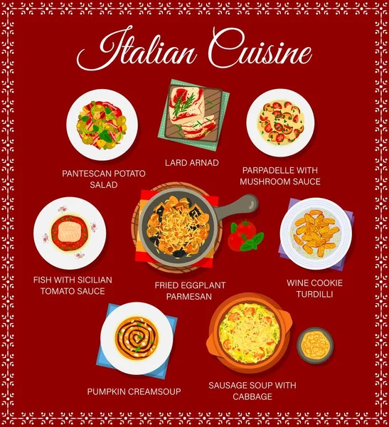 Italská Kuchyně Jídelní Lístek Itálie Restaurace Tradiční Jídla Vektorový Plakát — Stockový vektor