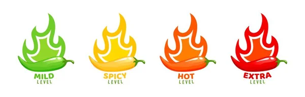 Etiquetas Nivel Picante Con Llamas Fuego Pimientos Símbolos Vectoriales Suaves — Vector de stock