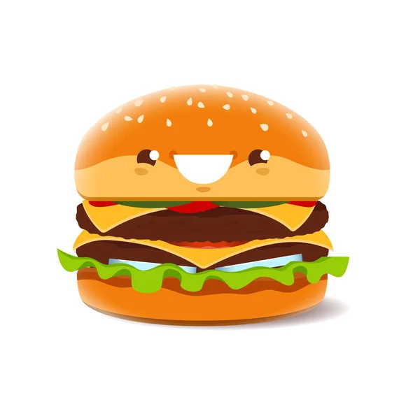 Cartoon Burger Oder Cheeseburger Charakter Kawaii Vector Fastfood Personage Lustiges — Stockvektor