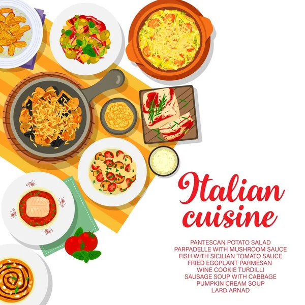 Italské Jídlo Menu Italská Kuchyně Pokrmy Těstovin Tradiční Jídla Vektor — Stockový vektor