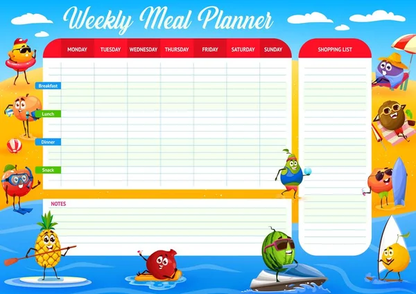 Cartoon Rohe Früchte Auf Sommerurlaub Strand Wöchentlich Essen Planer Zeitplan — Stockvektor