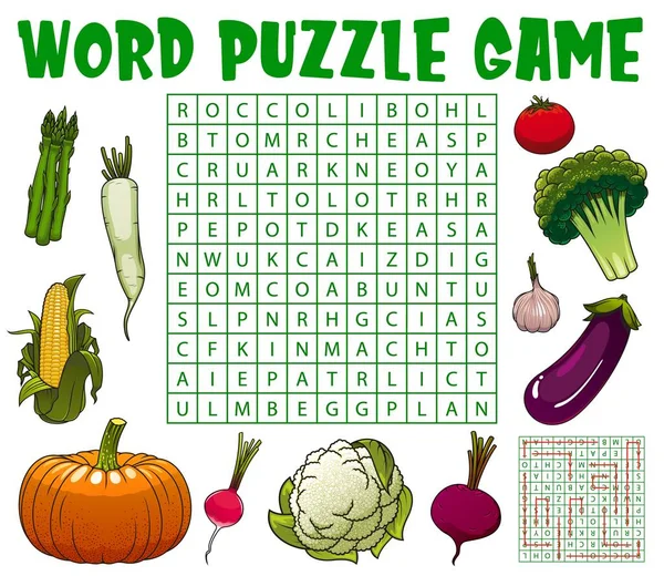 Cartoon Raw Vegetables Word Search Puzzle Game Worksheet Kids Quiz — Stock Vector