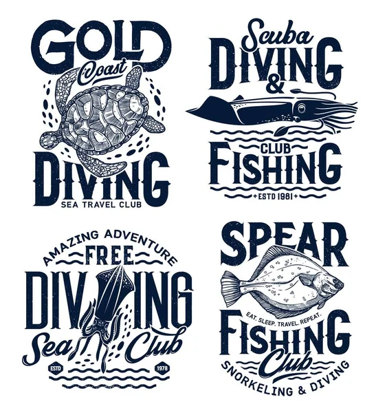 Mergulho Mar Snorkeling Pesca Shirt Impressões Vetor Oceano Ondas Peixes — Vetor de Stock