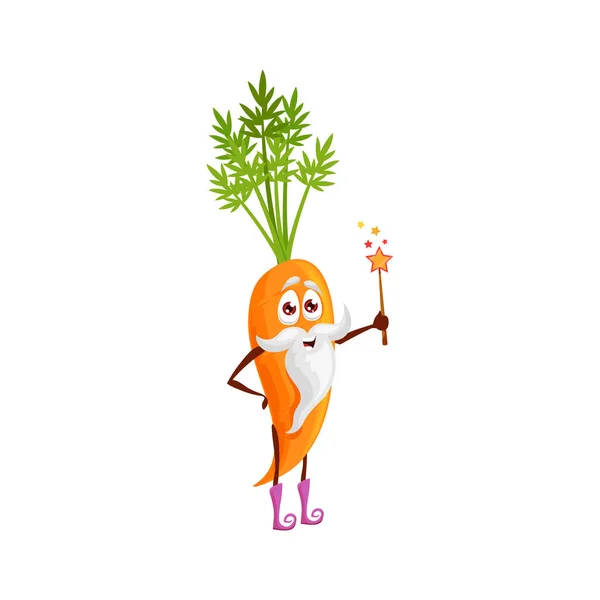 卡通胡萝卜巫师或魔术师人物与魔杖 矢量图标 有趣的胡萝卜蔬菜作为童话魔法师和孩子们的人物 穿着魔法鞋 仙女食物 — 图库矢量图片
