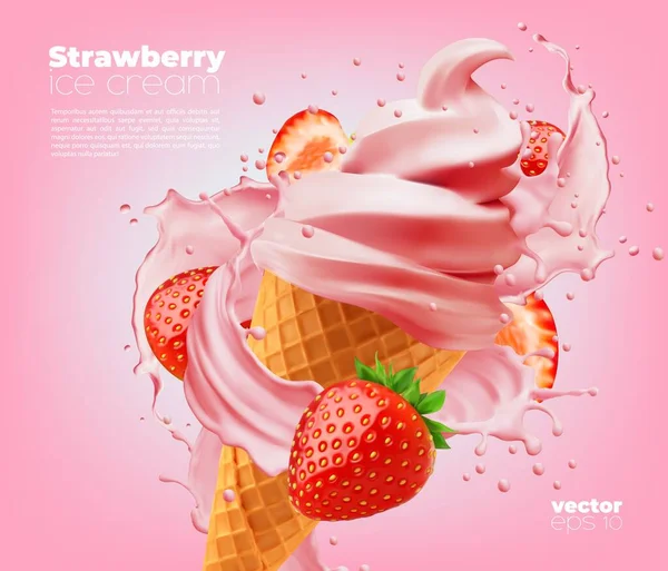 Cône Crème Glacée Fraise Douce Avec Éclaboussure Tourbillonnante Affiche Promotionnelle — Image vectorielle
