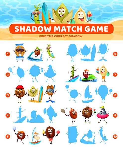 Shadow match game. Cheerful nuts characters on summer beach. Kids playing activity, puzzle or vector riddle with walnut, soy pod and pistachio, almond, sunflower and pumpkin seed personage on vacation