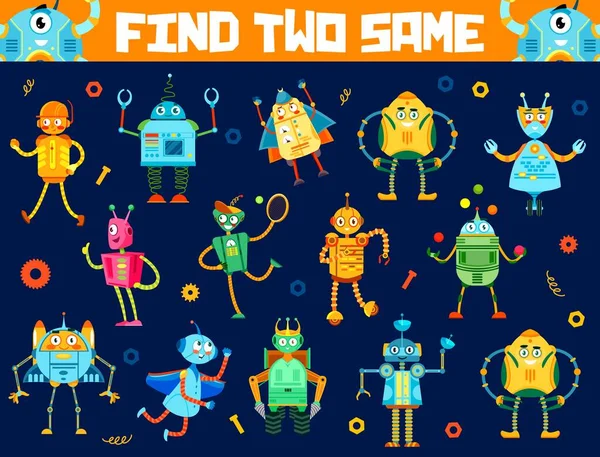 Najděte Dva Stejné Kreslené Vtipné Roboty Herní List Dětské Logické — Stockový vektor