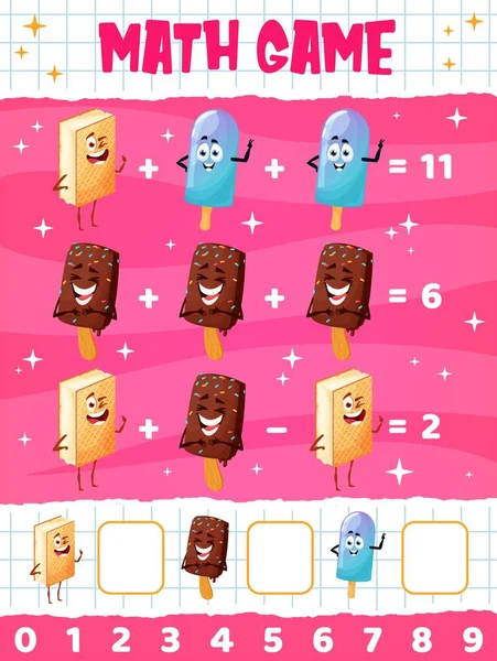 Cartoon Lustige Eisdessert Charaktere Mathe Spiel Arbeitsblatt Vektor Schule Oder — Stockvektor