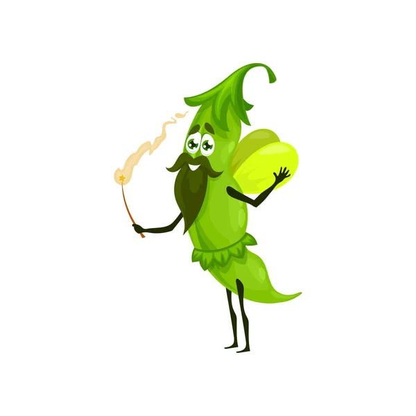 Green Pea Wizard Sorcerer Vector Funny Peas Magician Cartoon Character — Stock Vector