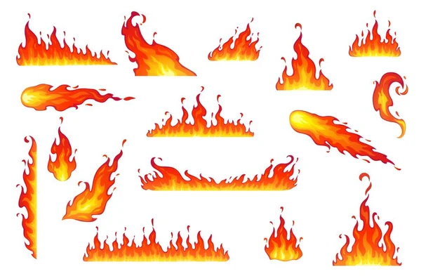 漫画の孤立火災炎 たき火 ベクトルキャンプファイヤー 火球またはトーチ燃焼炎 長い手の舌で輝く境界線を光る 炎の装飾点火縞 — ストックベクタ
