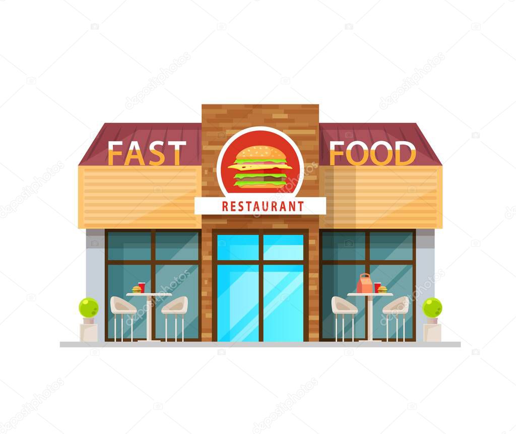 Fast food cafe building, vector restaurant exterior cartoon design with wide windows, glass door, signboard and outdoor area with tables and chairs. Fastfood shop facade, isolated city archtecture