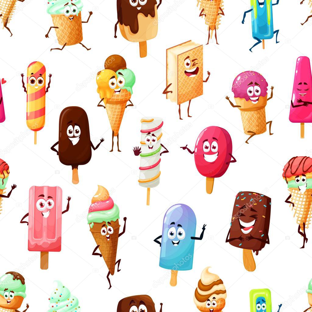 Cartoon ice cream eskimo, popsicle, waffle cone characters seamless pattern. Vector background of smiling sweet food, chocolate and vanilla scoop, stick and sandwich, fruit sorbet or gelato personages