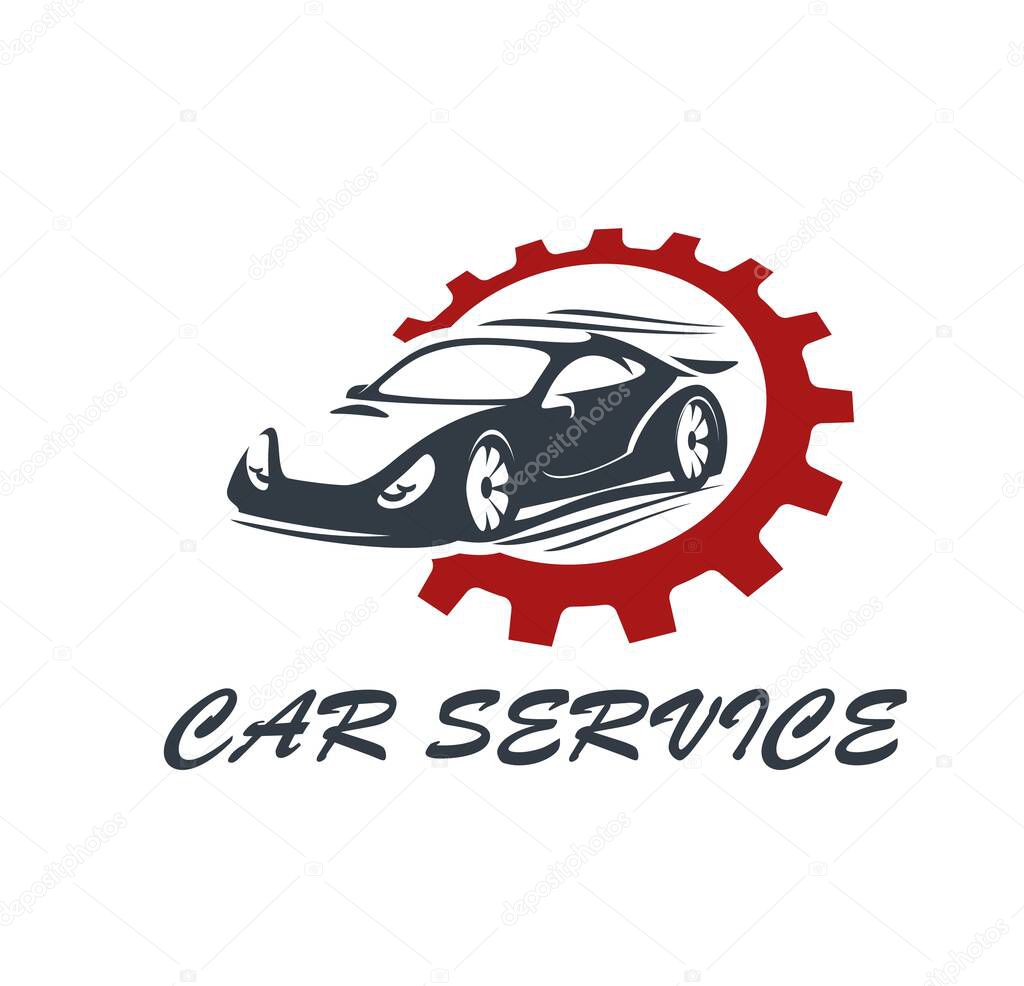 Sport car service icon, engine repair and auto mechanic garage, vector symbol. Sport cars and racing gears automotive maintenance or tuning and reparation station, racecar motors workshop icon