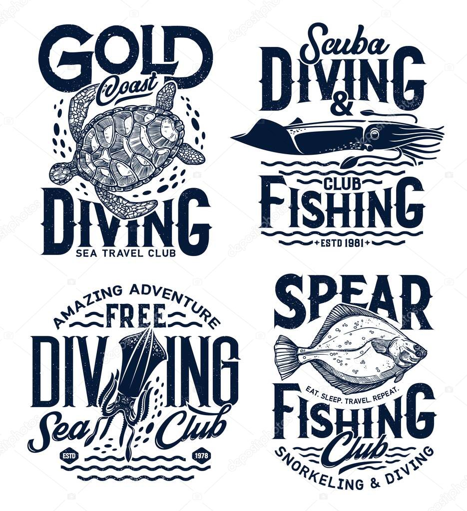 Sea diving, snorkeling and fishing t-shirt prints, vector ocean waves and fishes. Fishing and sea travel club, snorkeling and scuba diving center emblems with squid, turtle and flounder, marine quotes