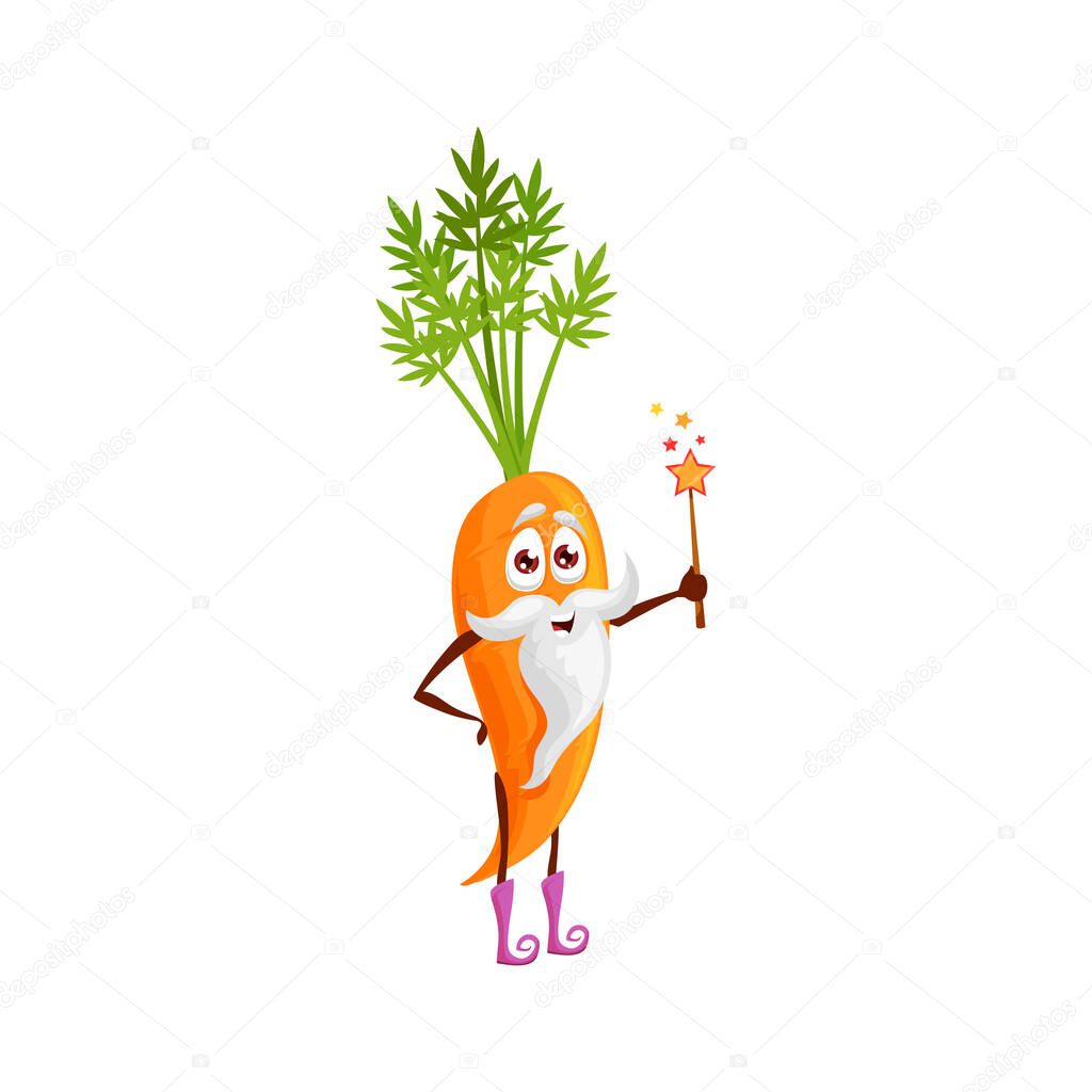 Cartoon carrot wizard or magician character with magic wand, vector icon. Funny carrot vegetable as fairy tale sorcerer and kids personage with beard in magic shoes, fairy food