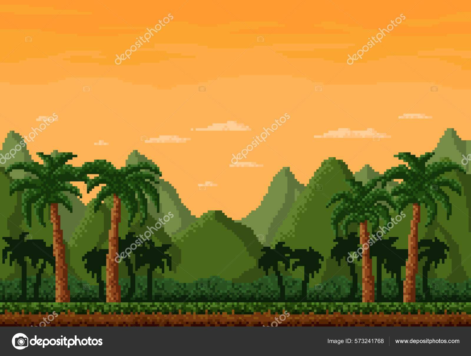 Paisagem de nível de jogo de pixel de 8 bits da floresta da selva