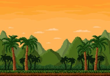 8bit piksellik orman manzarası, orman ağaçları ve palmiyelerle oyun düzeyi arkaplan, vektör piksel sanatı. Vahşi tropikal yağmur ormanları palmiyeleri ve dağlarının 8 bit oyun arkaplanı