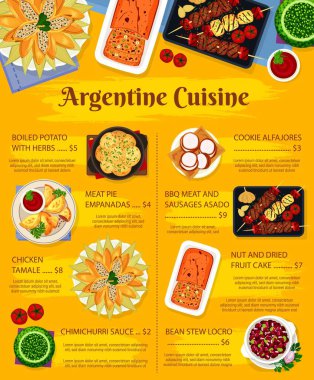 Arjantin yemeği, Arjantin mutfağı menüsü, vektör restoranı öğle yemeği, akşam yemeği posteri. Geleneksel Arjantin bbq yemekleri, börek ve chimichurri, ızgara et sosisi ve tavuk tamale.