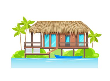 Park etmiş su teknesi olan modern bir bungalov. Lüks tropikal otel, vektör villa, yaz tatili ahşap sütunlar üzerine sazdan çatı, teras ve suya giriş.