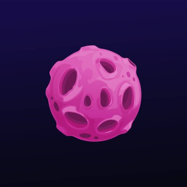 Delikleri ve kraterleri olan mor bir uzay gezegeni. Galaksi vektör küresi, evrende menekşe küre. Ui oyun nesnesi, astronomi bilimi veya kuyruklu yıldız, izole edilmiş meteor, fantezi ay veya karanlık gökyüzünde yabancı dünya