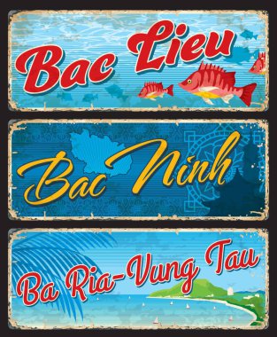 Bac Lieu, Bac Ninh ve Ba Ria Vung Tau Vietnam seyahat etiketleri ve vektör plakaları. Vietnam bölgeleri ve vilayetleri işaretli teneke levhalar, haritalar ve turistik seyahat valizleri ve metal plakalar.