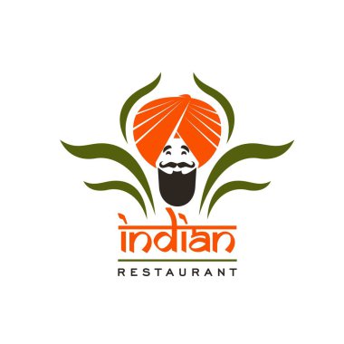 Turuncu sarıklı, siyah bıyıklı, sakallı, baharatlı ve bitkisel yapraklı şefin Hint restoranı ikonu. Arap restoranı, Hint mutfağı kafesi veya yemek pişirme gurusuyla izole edilmiş etnik bar sembolü