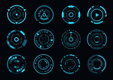 HUD fütüristik hedef kontrolü, hedef veya navigasyon arayüzü, vektör gösterge paneli tuşları. Yüksek çözünürlüklü hedefler, nişancı nişancıları, radarlar, dürbünler, mavi neon navigasyon kontrolleri ve gösterge paneli düğmeleri.