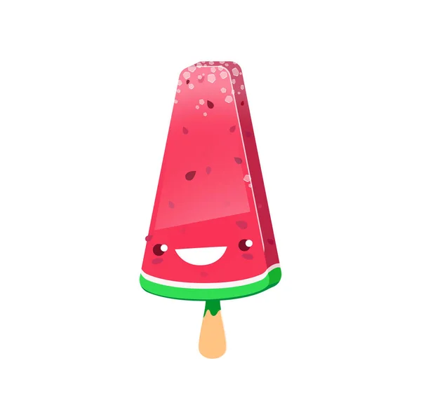 卡通西瓜冰淇淋 卡瓦甜食角色 独立的矢量水果冰人 冰冻多汁冰棒 甜浆果味 夏天的冷食物 木棍上的水果点心 — 图库矢量图片