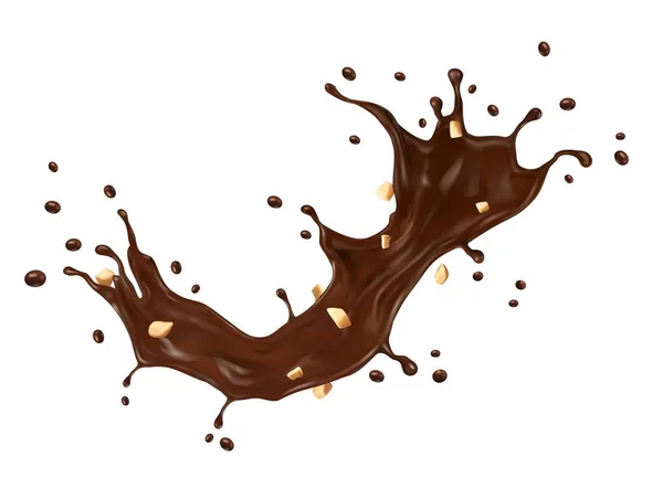 Chocolade Koffie Melk Splash Met Geplette Pinda Splatters Geïsoleerde Vector — Stockvector