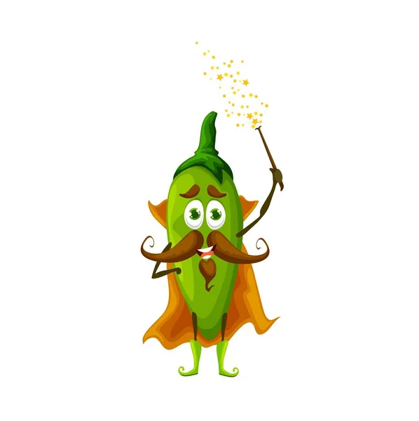 Cartoon Funny Jalapeno Magician Character Vector Green Chili Pepper Wizard — Stock Vector